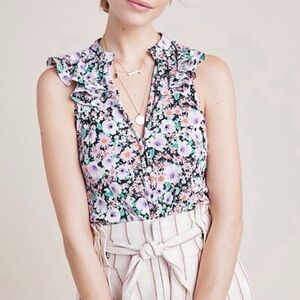 Anthropologie Sleeveless Floral Ruffle Blouse Size Small